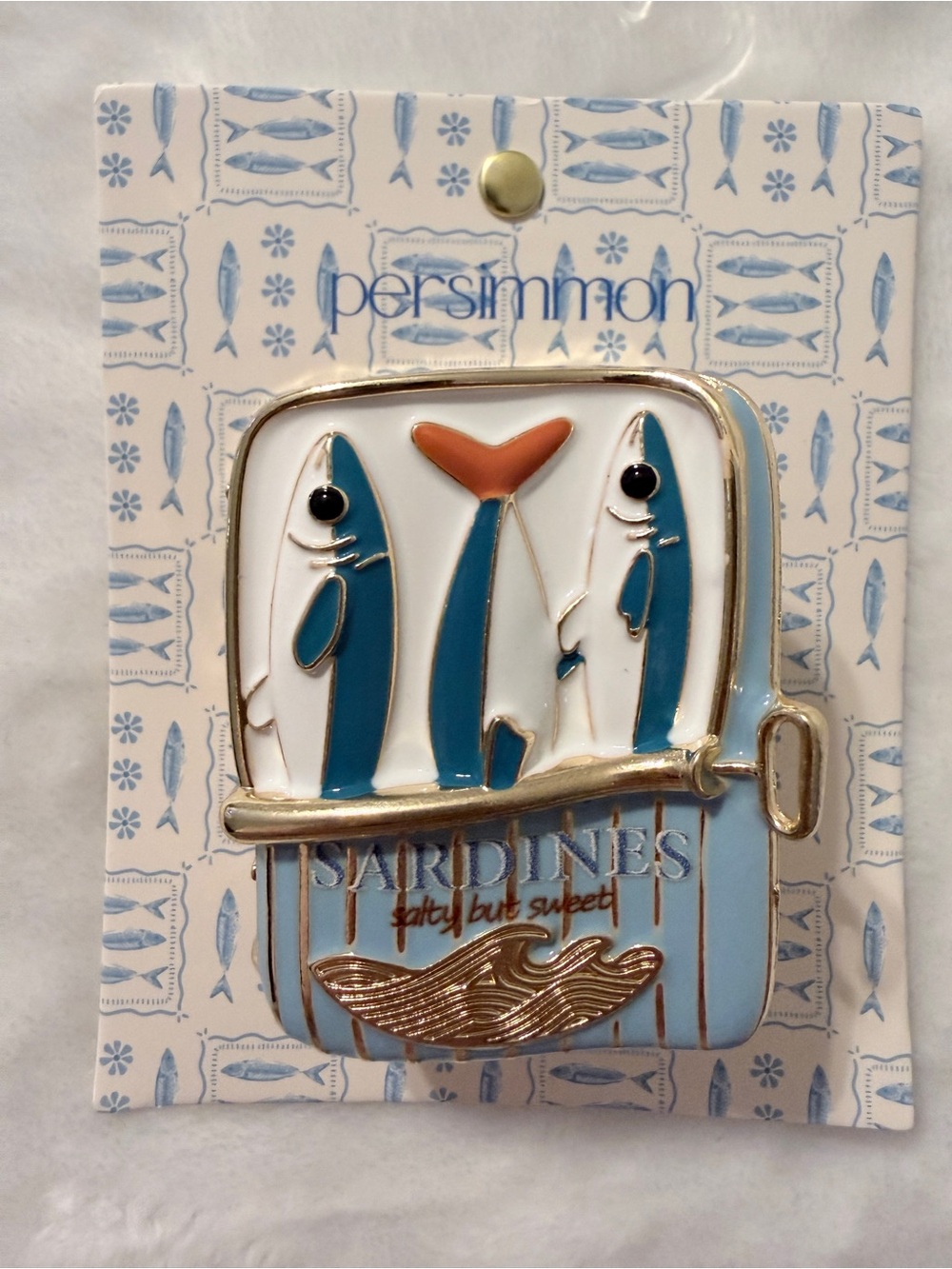 Persimmon Blue & White Sardines Enamel Hair Clip - Nautical Fish Design